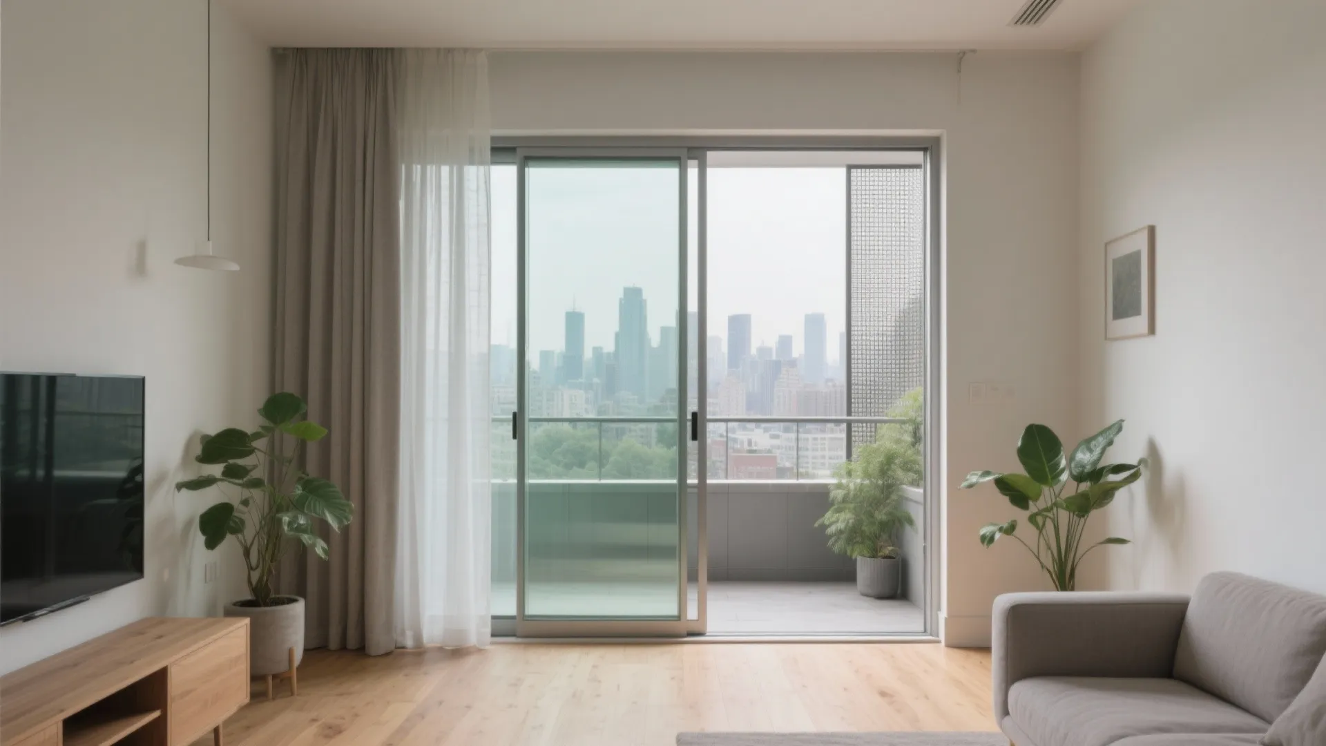 Modern living room with wooden floors sliding glass doors and a balcony overlooking the city