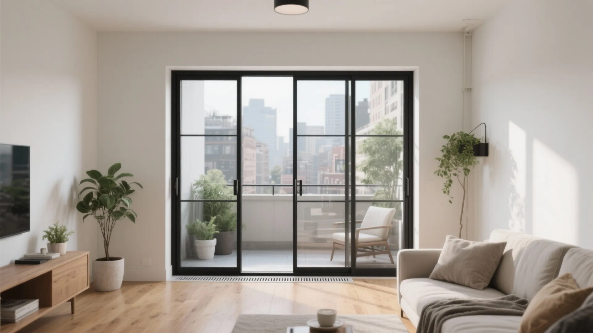 Bright living room with black sliding glass doors leading to a balcony with green plants