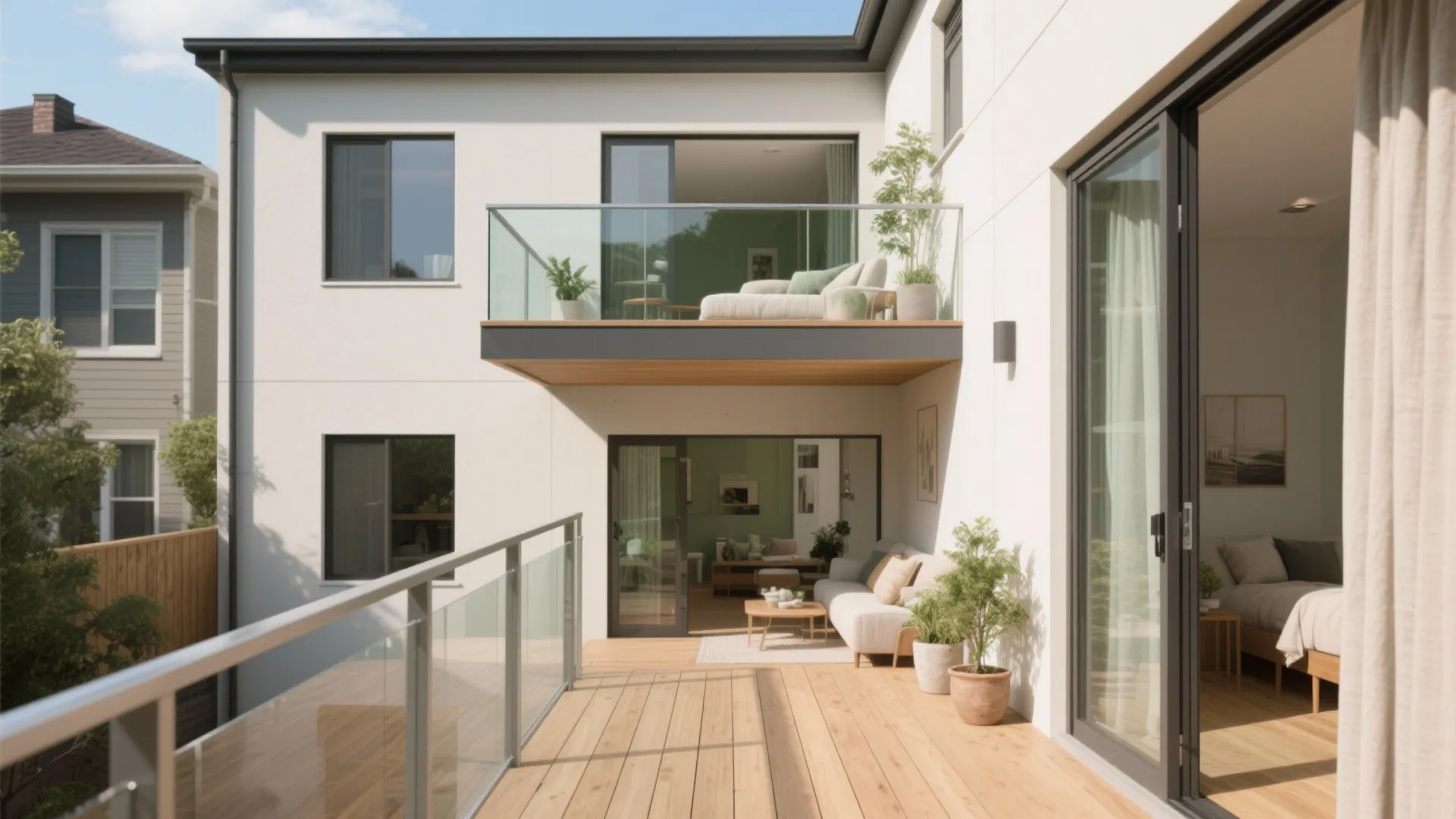 Modern two story white house with wooden balcony floors glass railings sofa and green potted plants
