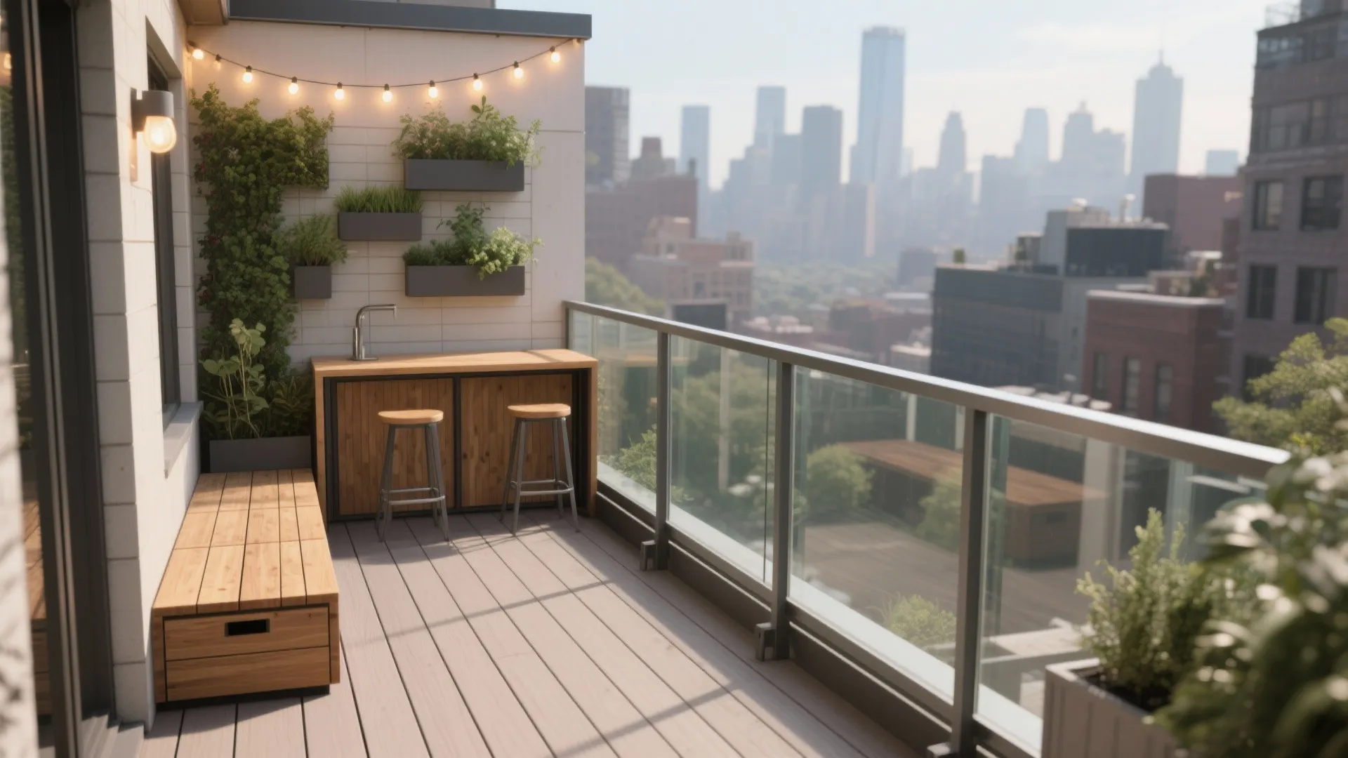 Modern balcony with city view featuring wooden bench table two stools plants and outdoor lights