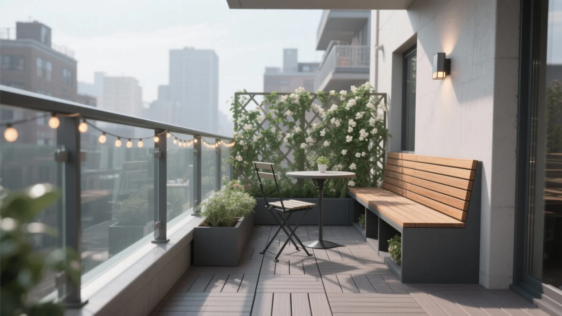 Modern balcony with wooden bench and small table and chair and plants and string lights