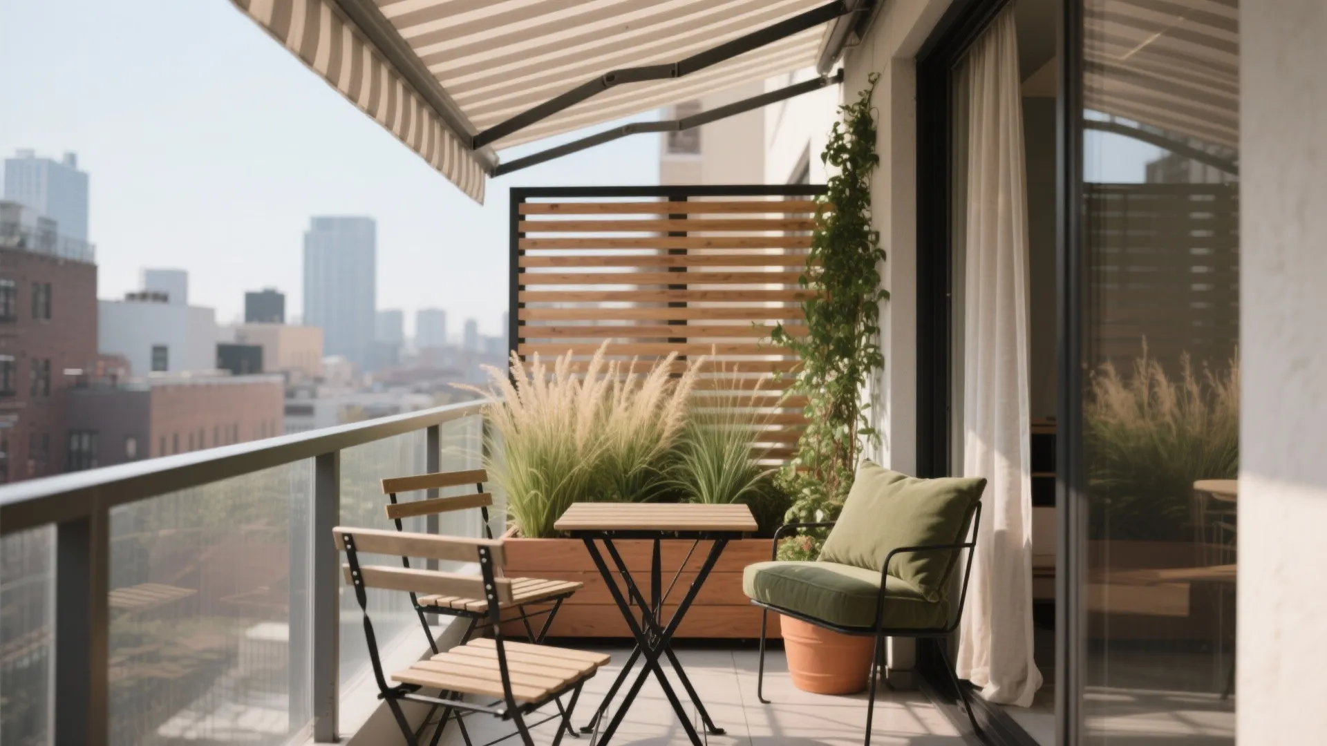 Modern balcony with a small wooden table two chairs green sofa striped awning and plants