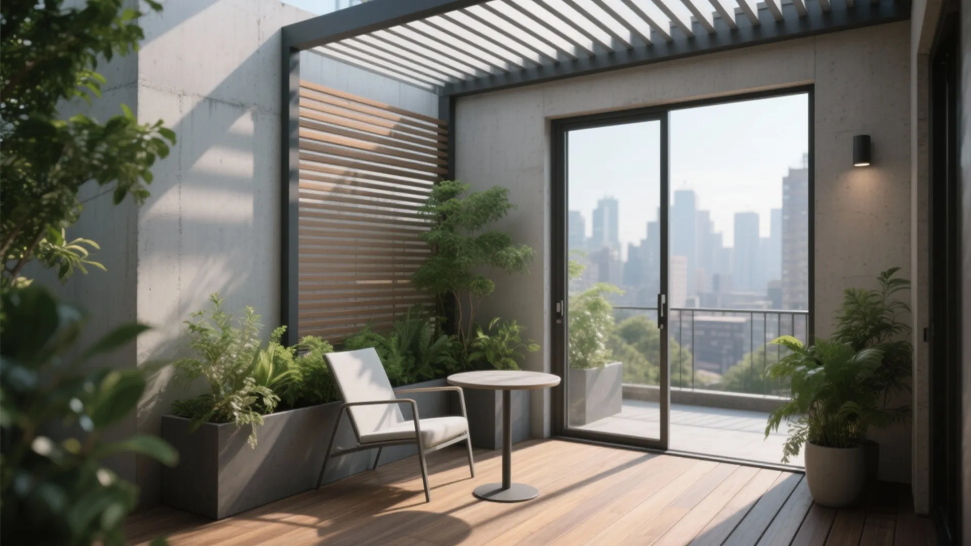 Rooftop balcony with wooden floor small round table white chair green plants and city view