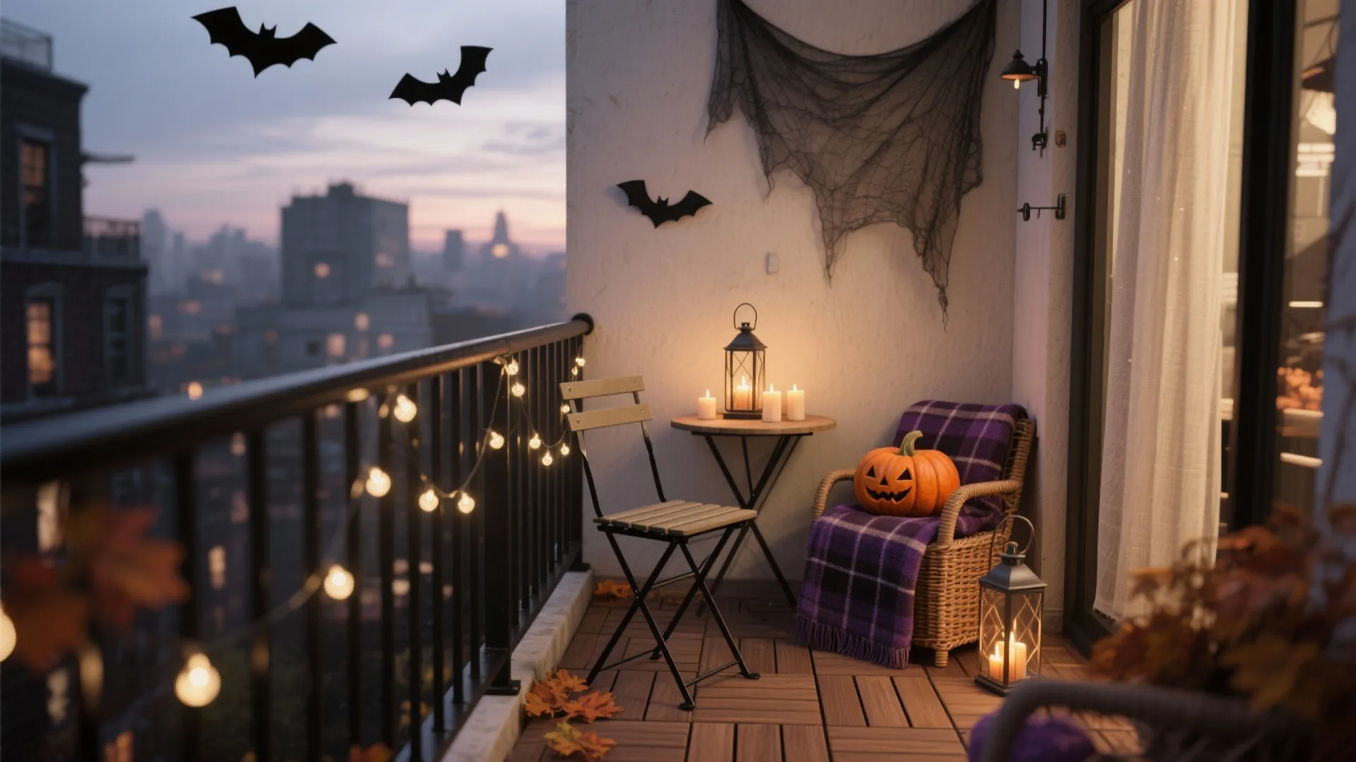Cozy balcony decorated for Halloween featuring pumpkin on purple blanket chair and warm glowing string lights