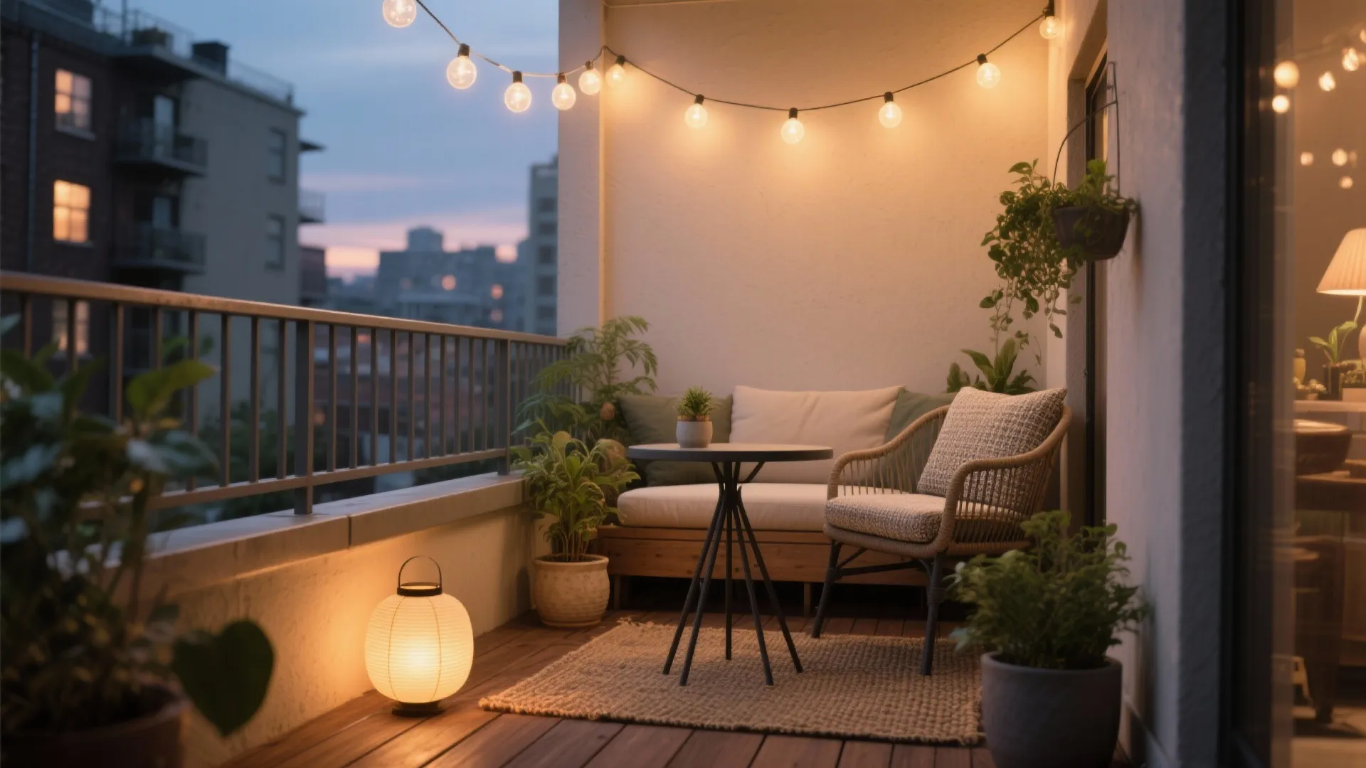 Cozy balcony at evening with string lights small table sofa chair rug and warm floor light
