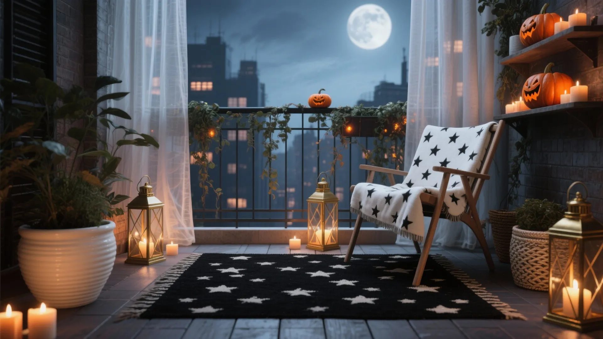 Night balcony decorated with pumpkins, star rug, white curtains, lanterns, and a moonlit city view