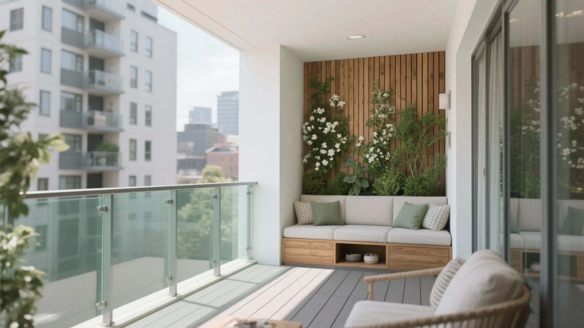 Modern balcony featuring wooden bench green pillows vertical wall garden glass railing and city view