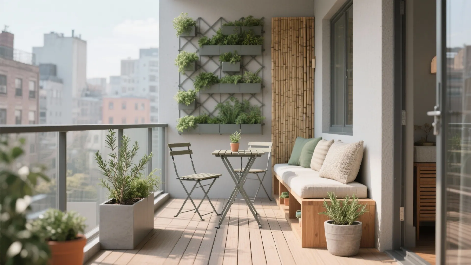 Modern apartment balcony featuring wooden flooring green vertical garden wall small dining table and bench sofa