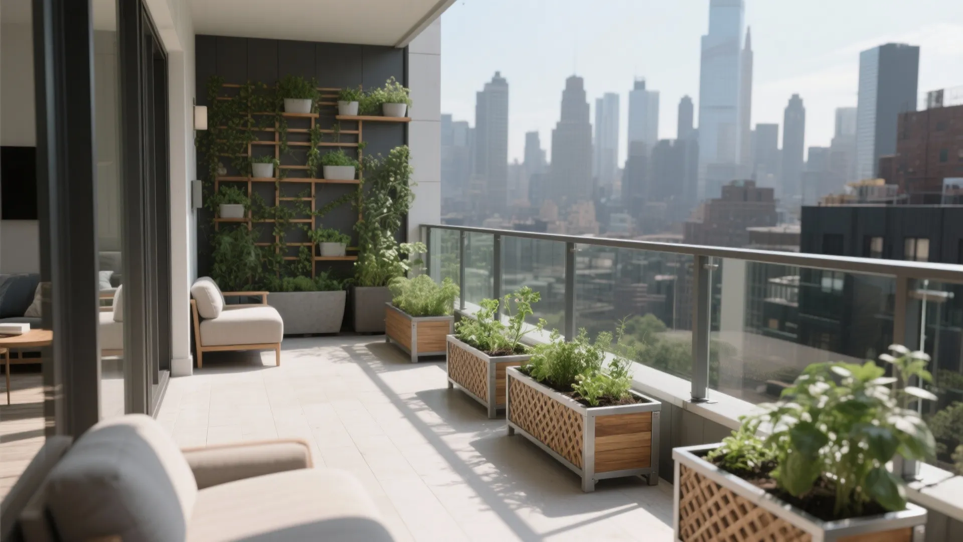 Modern balcony featuring grey chairs wooden floor green plants vertical garden and a city skyline view