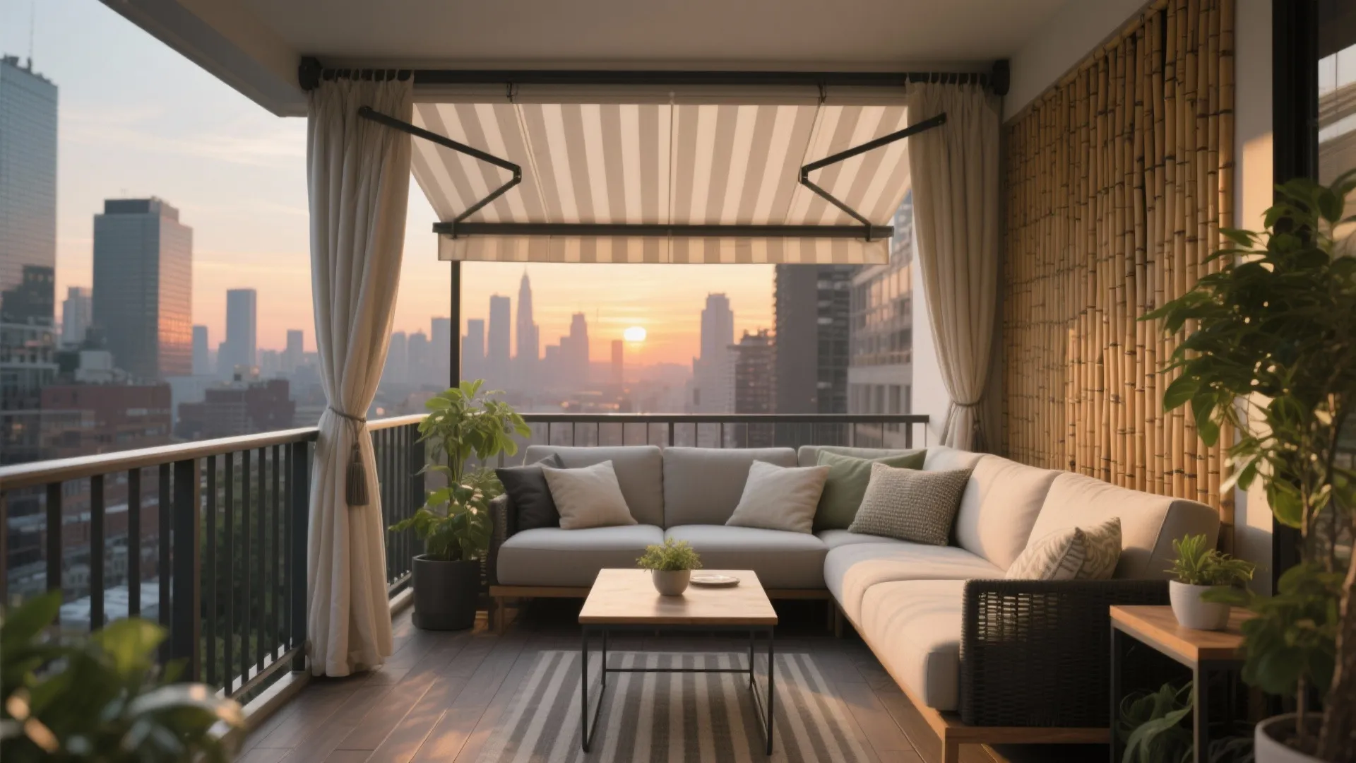 Modern balcony with a grey sofa wooden table striped awning and sunset view over city