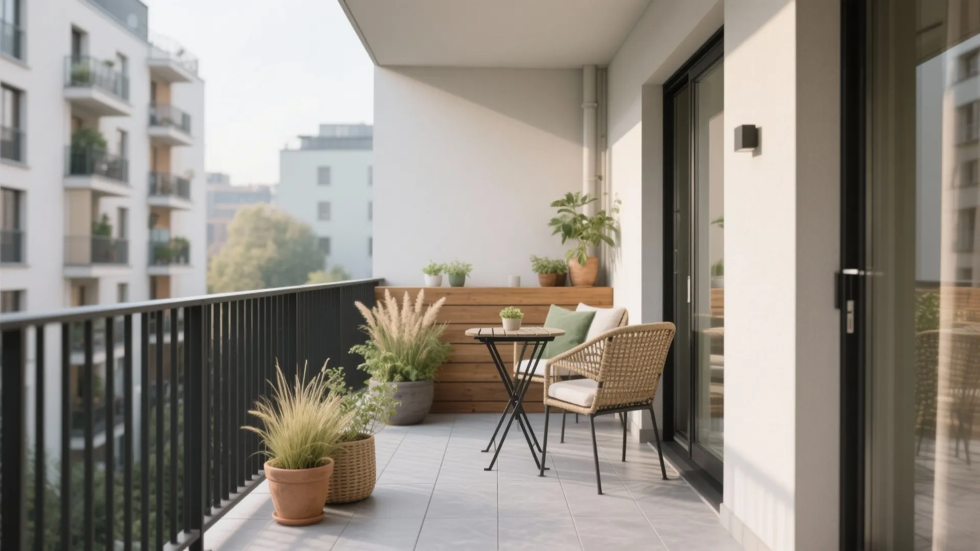 Cozy balcony area with small wooden table wicker chair green plants and glass sliding door