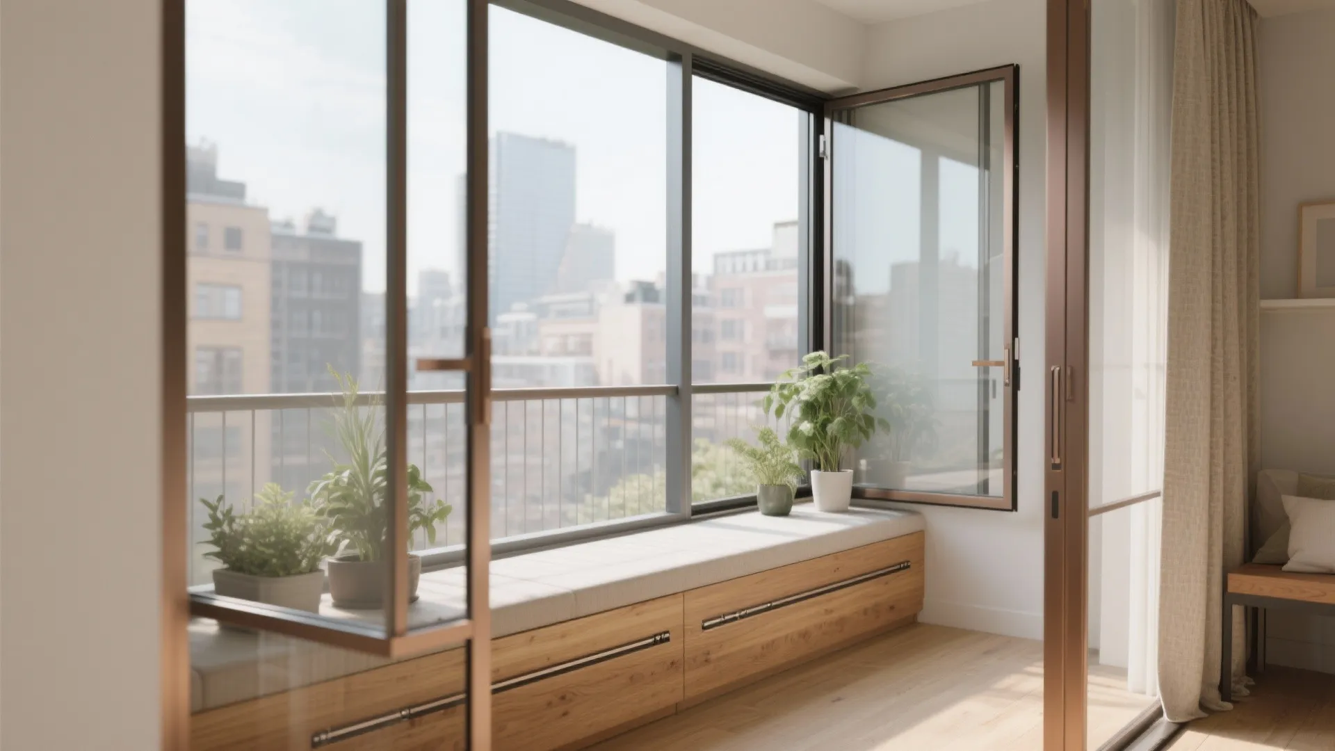 Modern apartment balcony with large glass windows wooden storage bench green plants and city skyline view