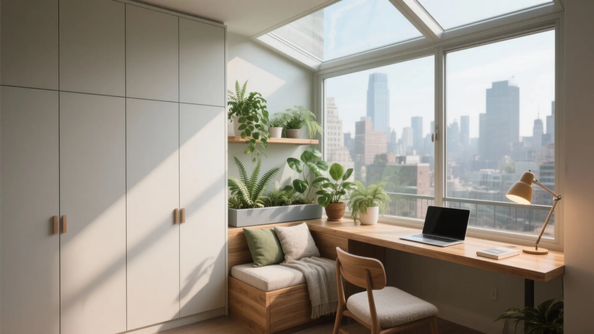 Modern home office balcony with wooden desk, laptop, green plants, white cabinet, and city view