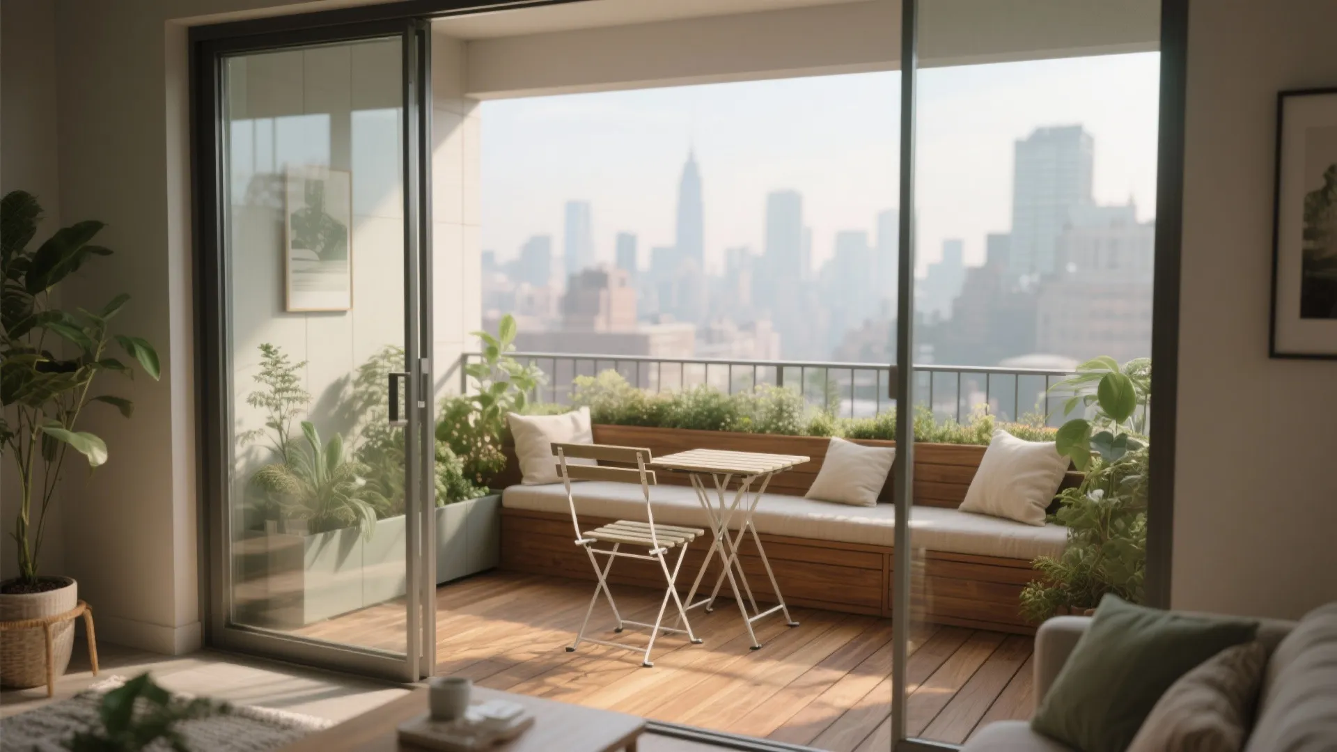 Modern balcony with wooden floor bench small table and chairs overlooking a blurred city skyline