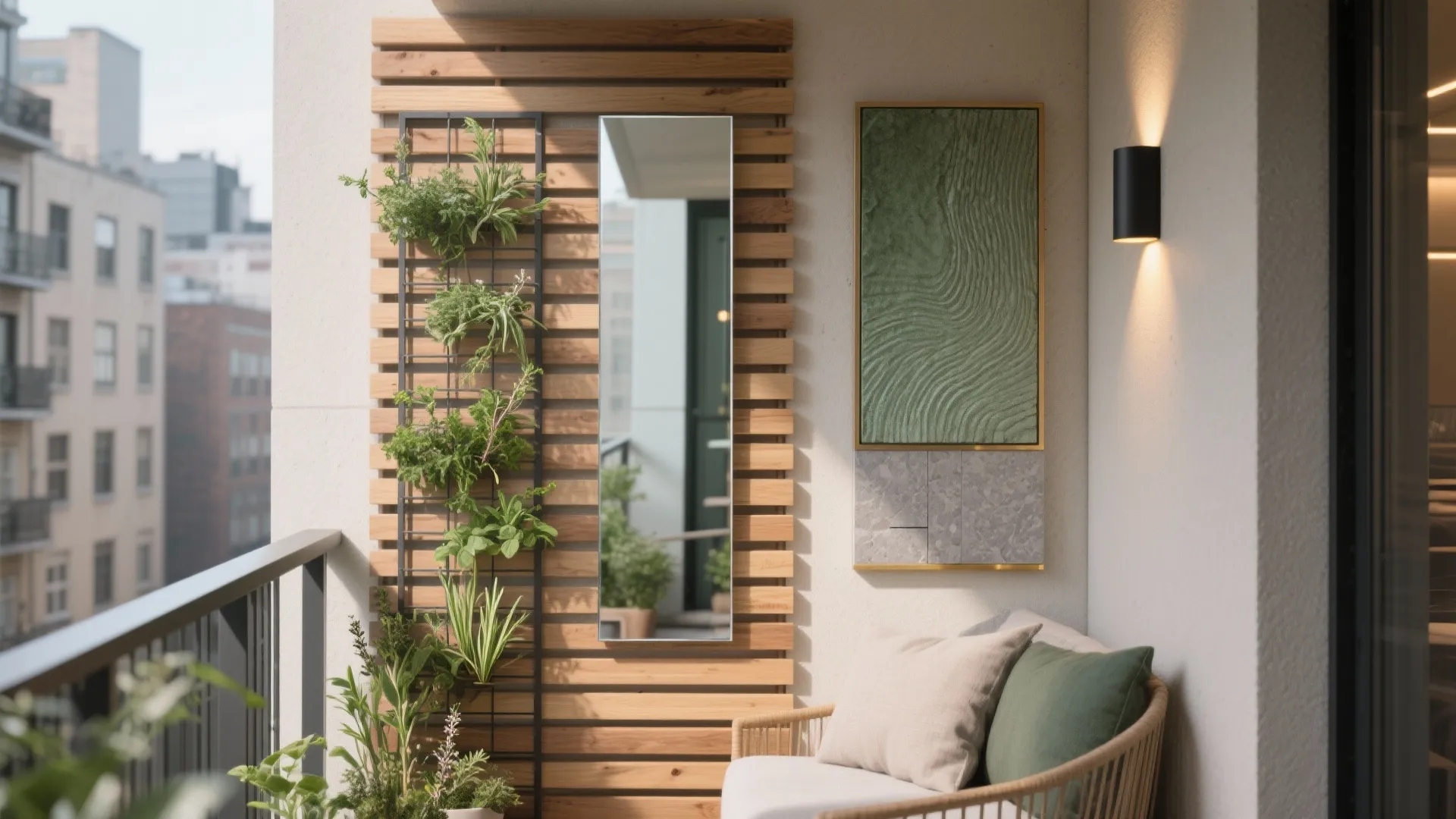 Outdoor balcony featuring wood wall panel vertical garden mirror green wall art and cozy sofa