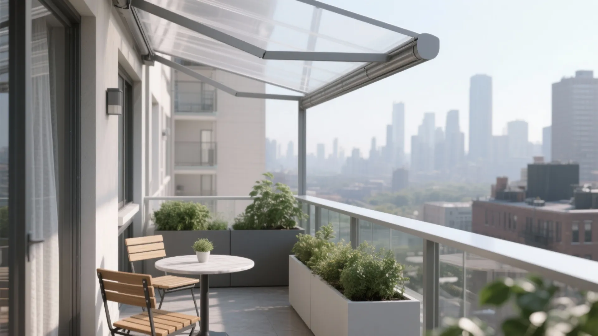Small apartment balcony with glass roof wooden chairs round table green plants and city skyline