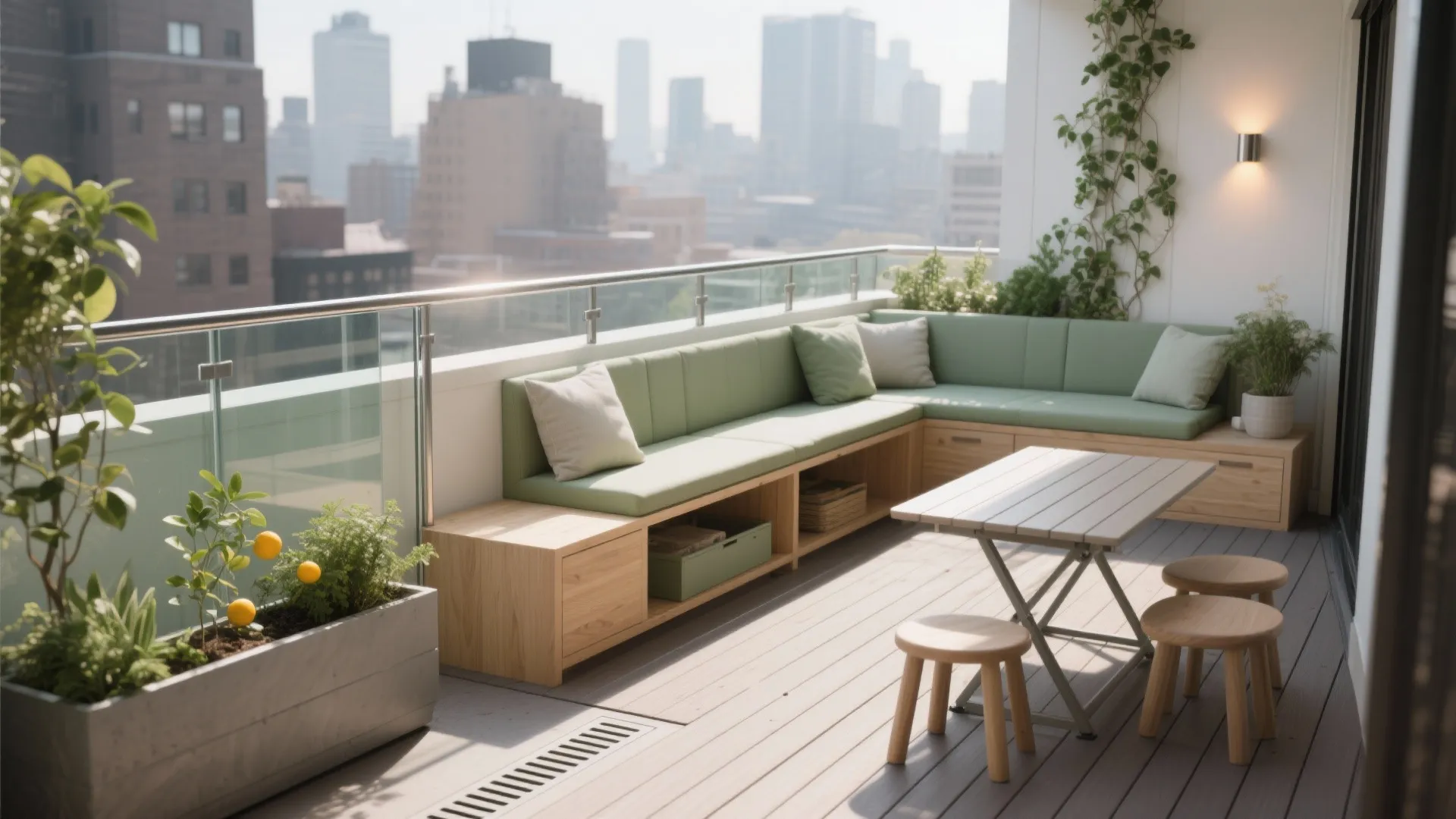 Spacious rooftop balcony with green corner sofa, wooden table, stools, plants, and urban city skyline