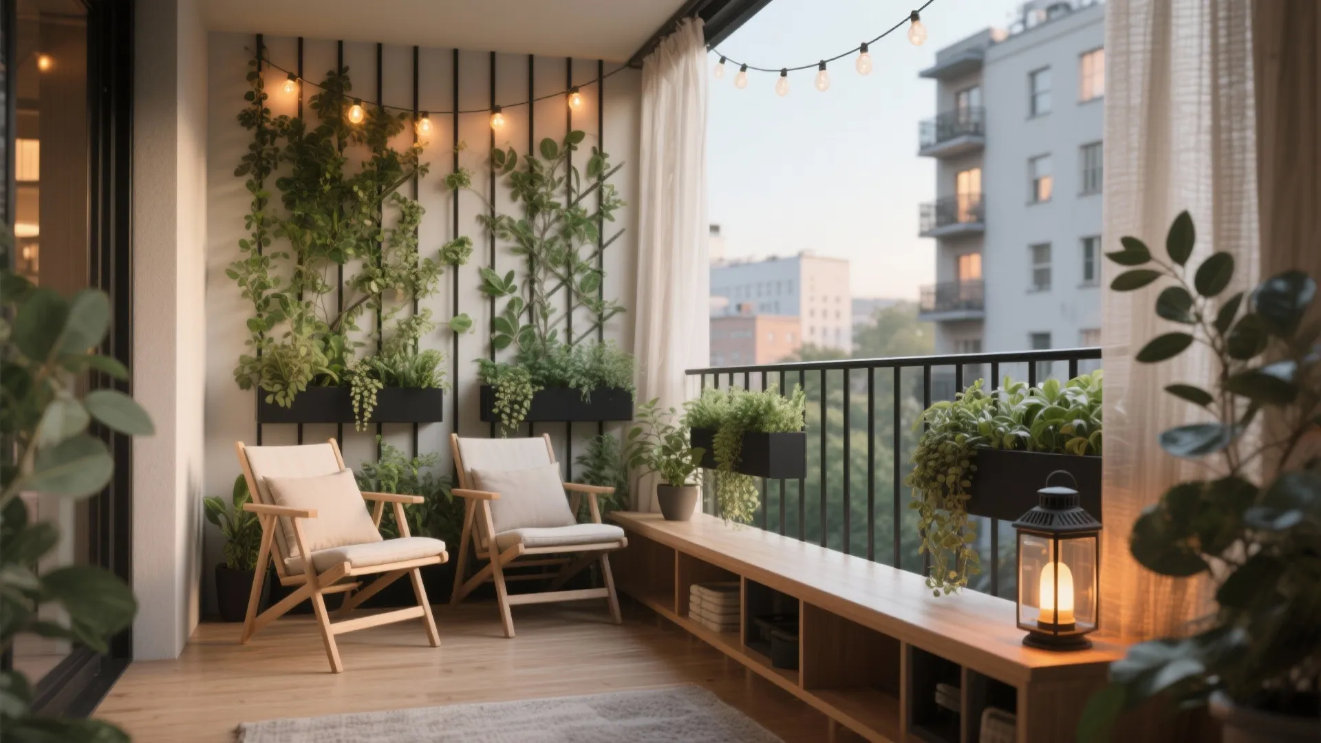 Cozy balcony with wooden chairs string lights wall plants floor lantern and wooden storage bench seating