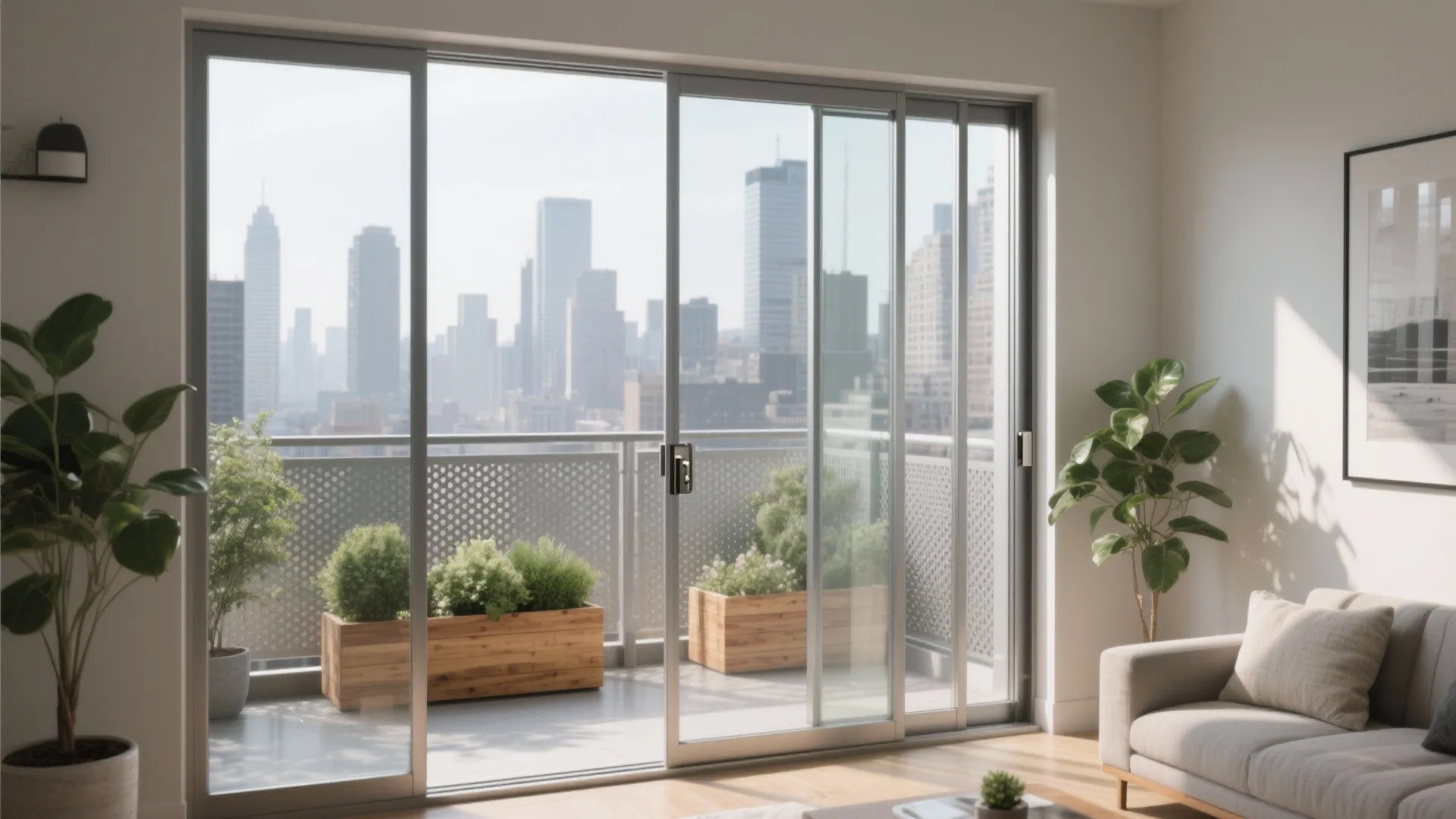 Sunny living room with grey sofa and sliding glass doors leading to balcony with plants
