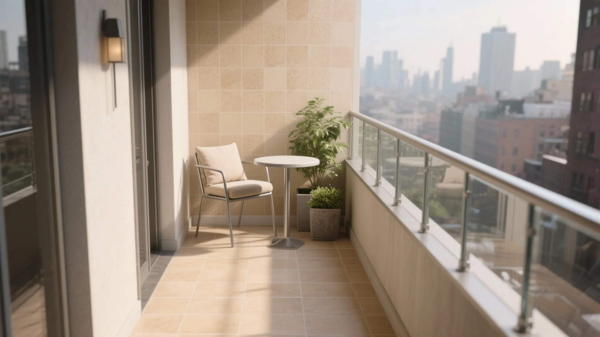 Modern balcony with beige wall tiles a small white table one chair and city view