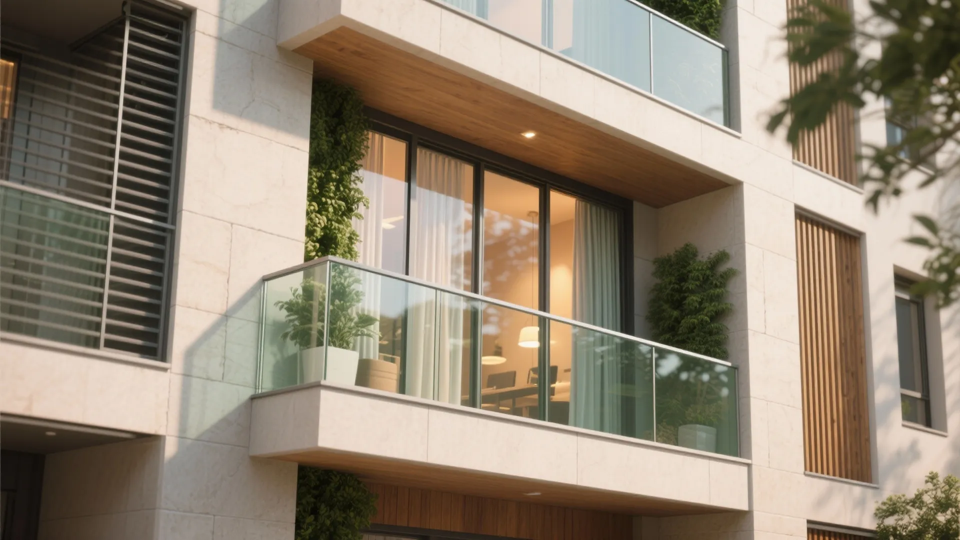 Modern apartment exterior showing stone walls glass balcony with green plants and warm interior lights