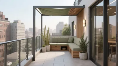 Urban Balcony Oasis with Green Canopy & Wooden Furnishings