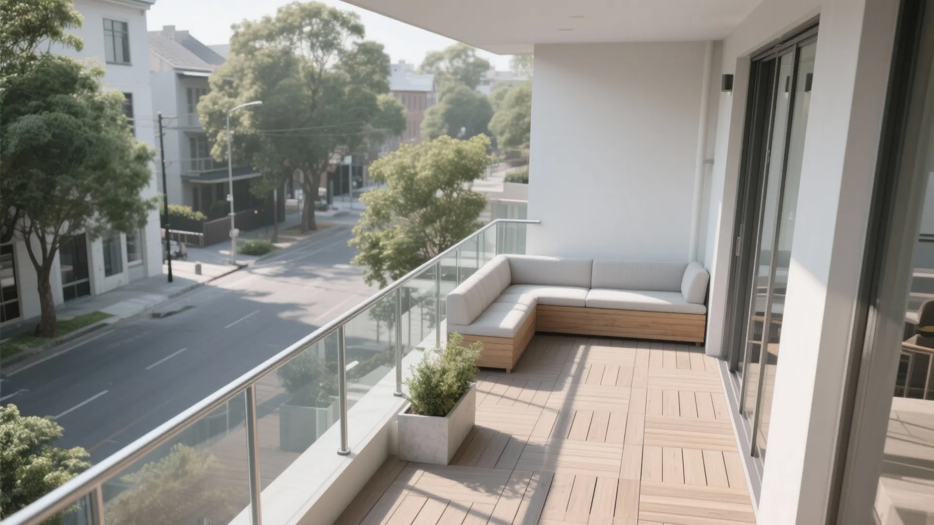 Spacious outdoor balcony with wooden floor tiles corner sofa glass railings and view of city street