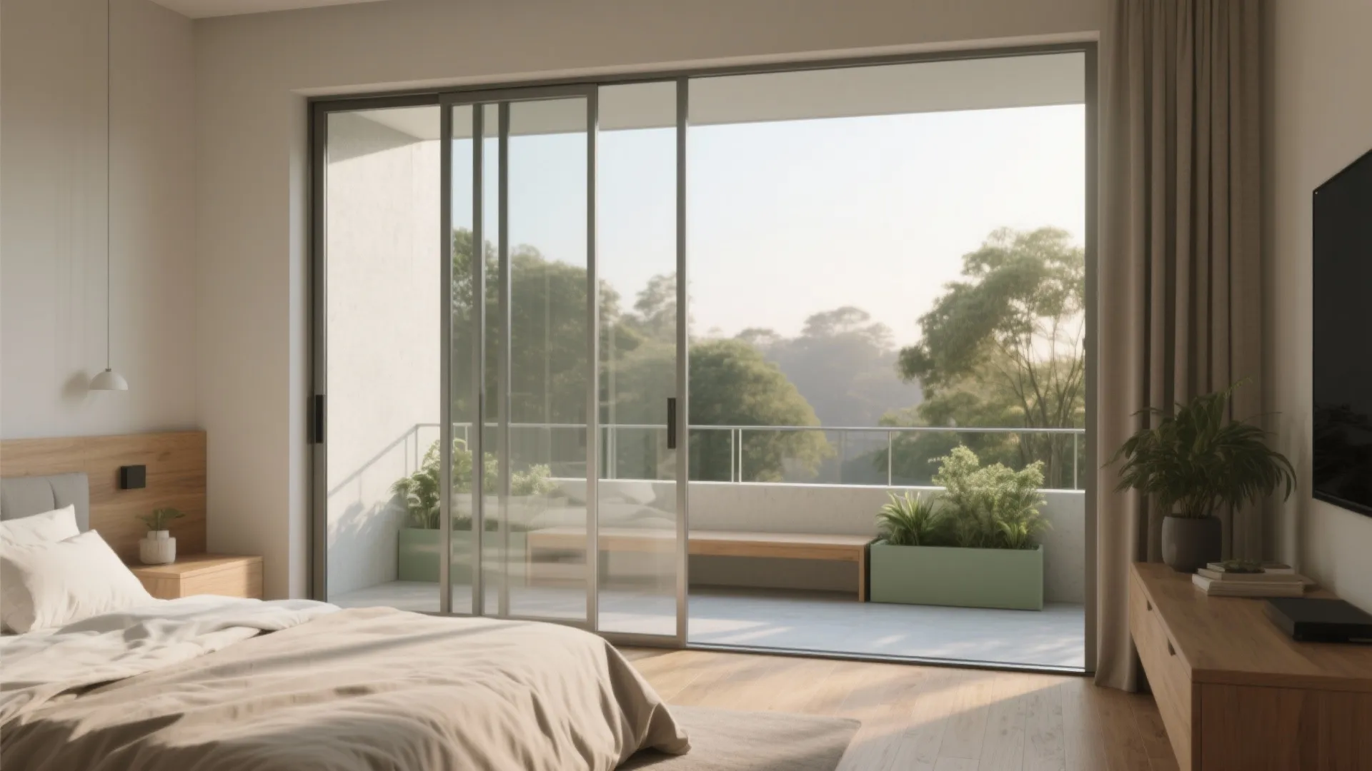 Bedroom view through glass doors to a balcony with plants wooden bench and green trees