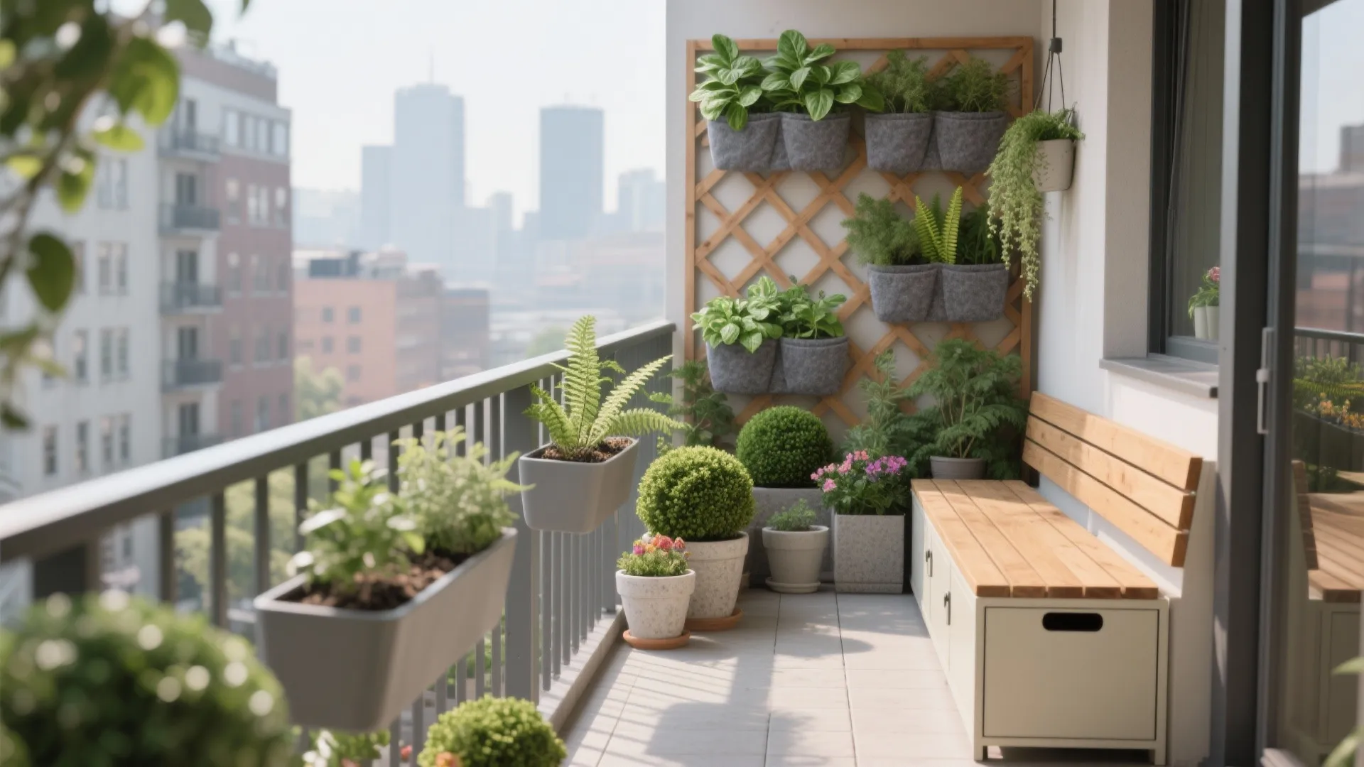 Modern balcony garden with wooden bench storage and vertical plant wall with various green potted plants