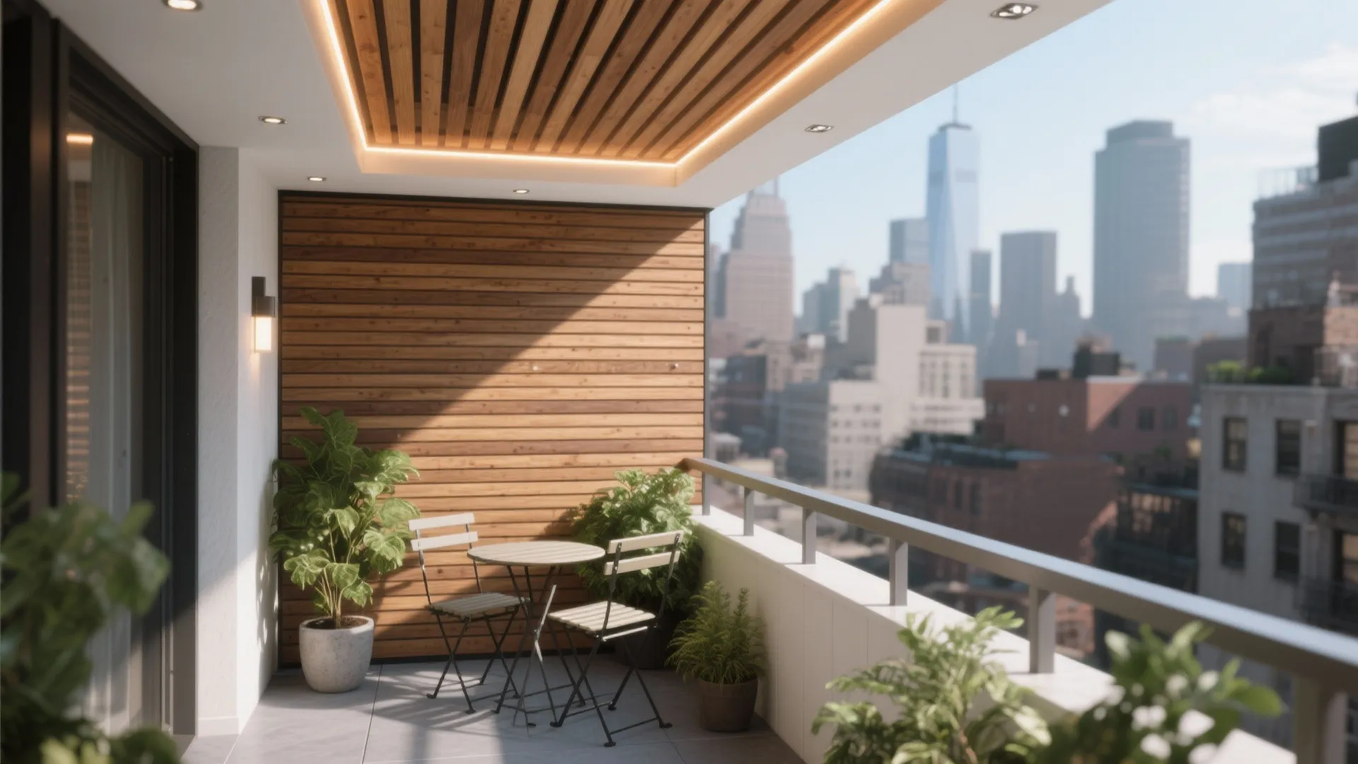 Small apartment balcony with wooden wall panel small table two chairs green plants and city