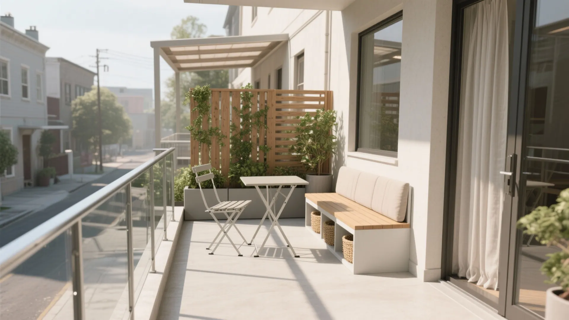 Sunny apartment balcony with white bench table chair wooden wall panel plants and glass windows railing