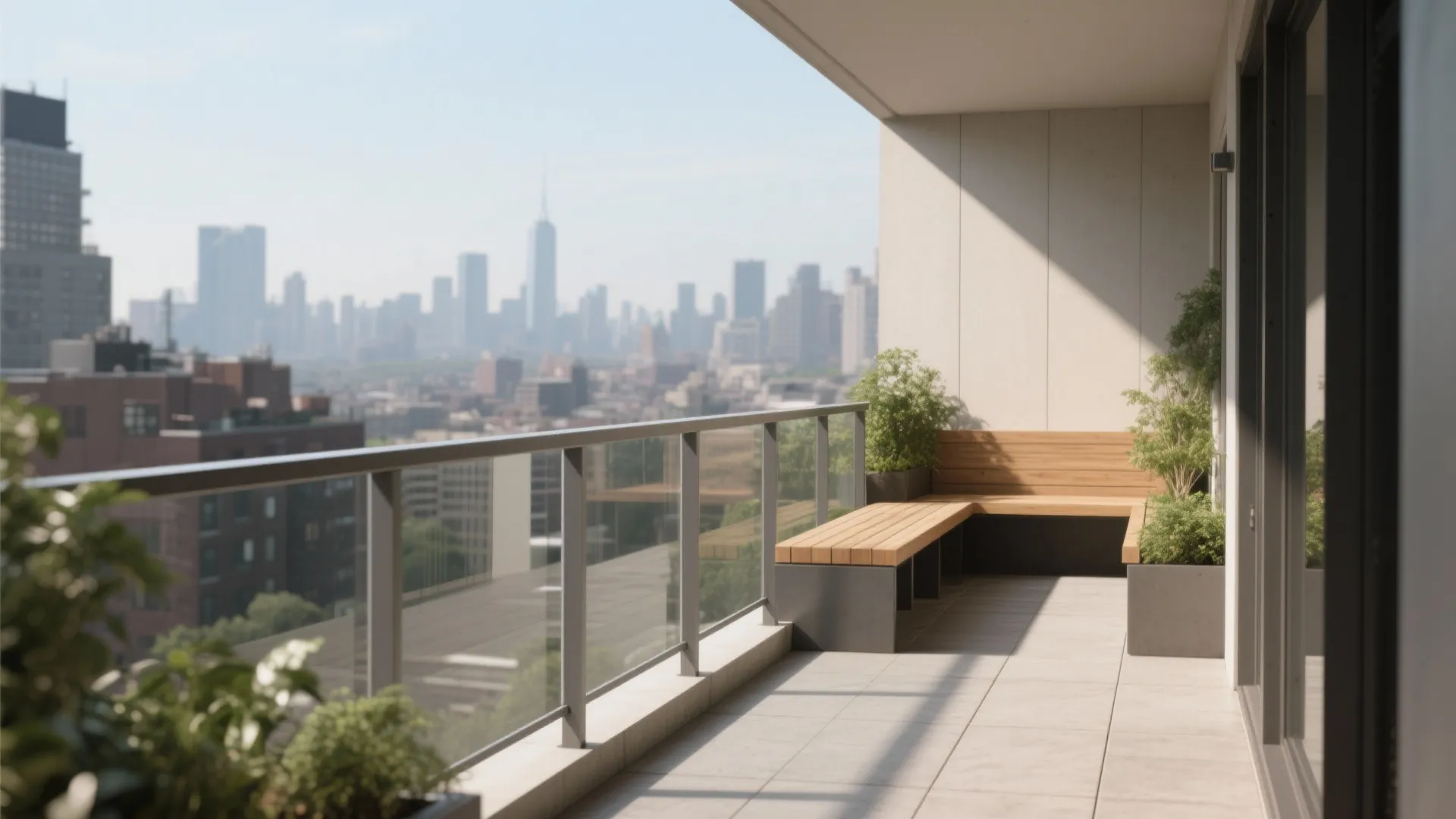 Modern balcony design with wooden bench glass railing green plants and a blurred city skyline