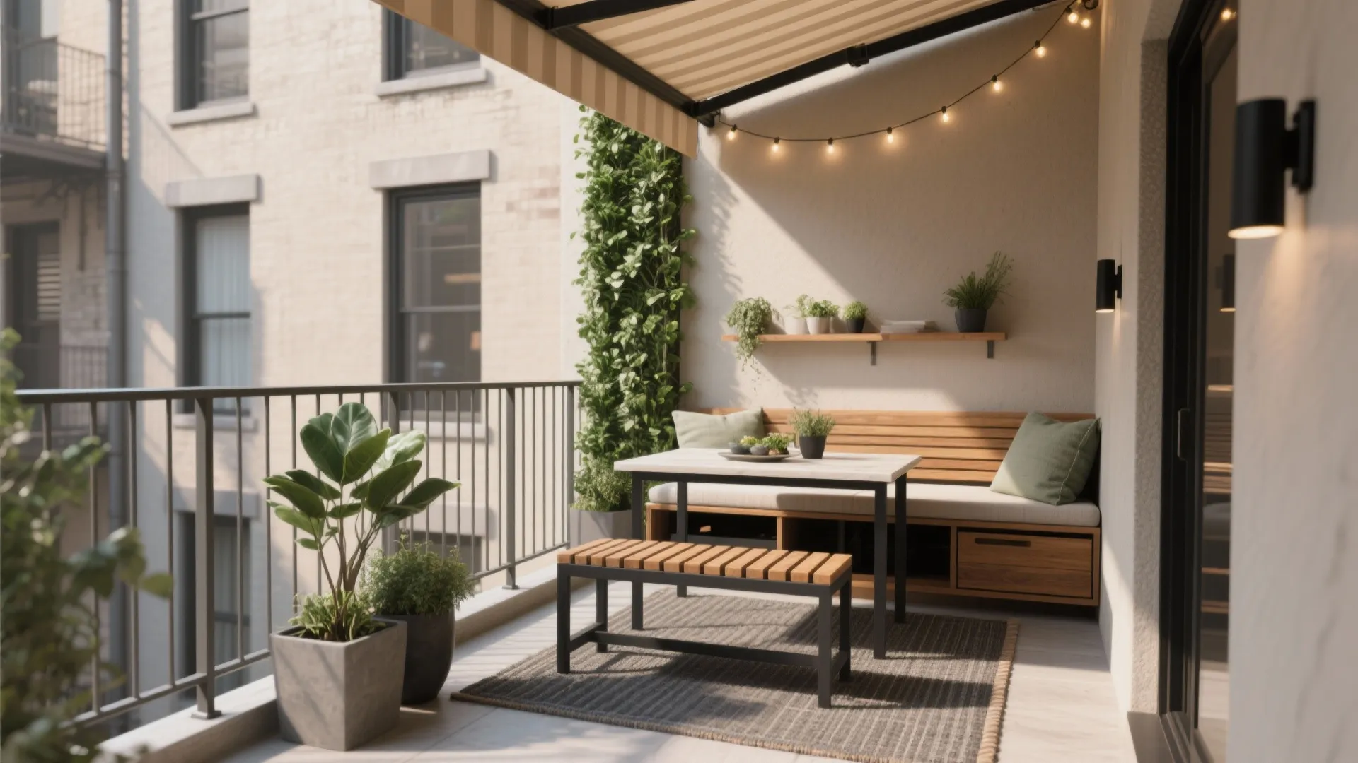Sunny balcony setup with wooden bench, small dining table, potted plants, floor rug, and awning