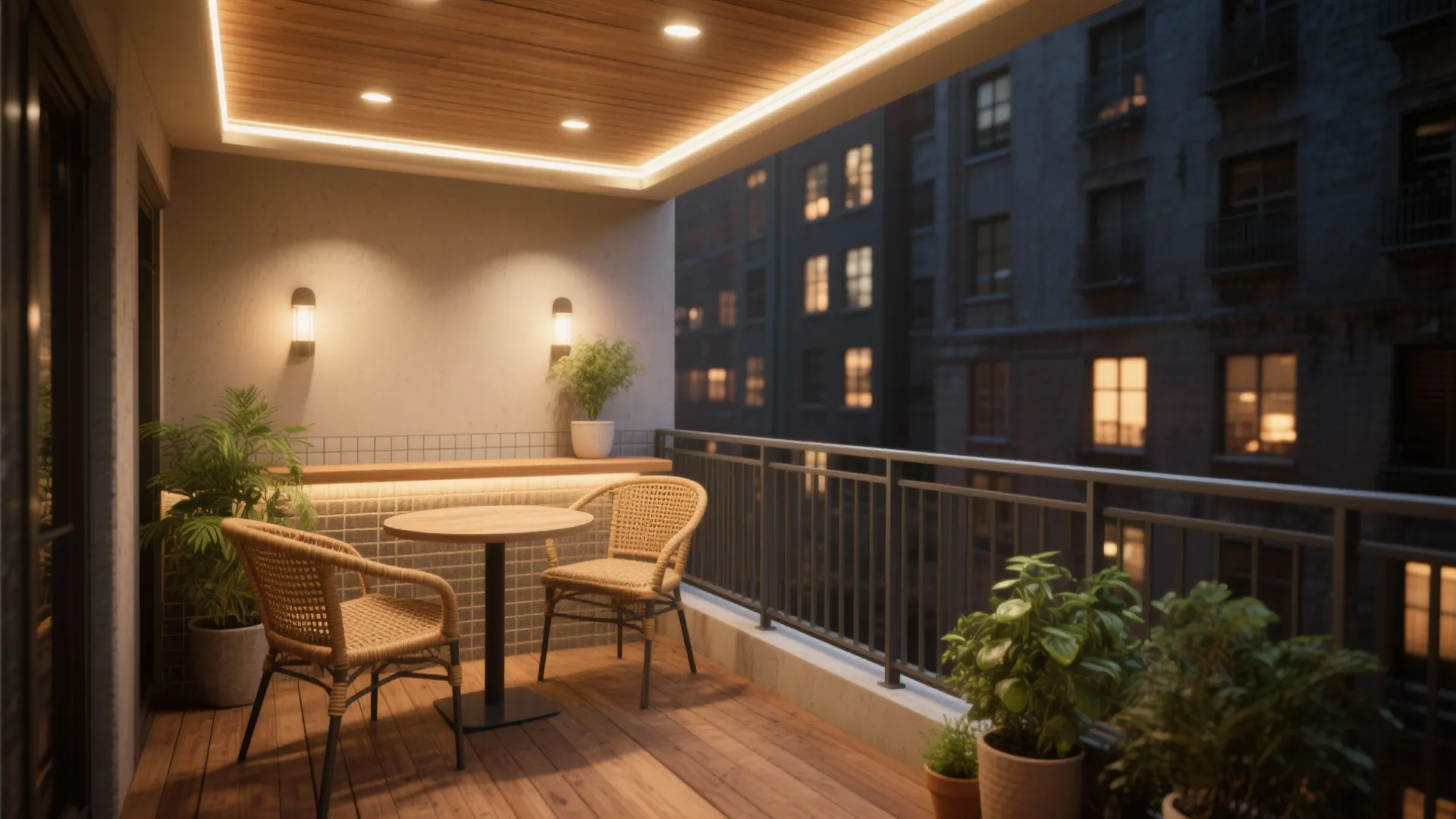 Night balcony with wicker chairs round wooden table potted plants warm wall lights and floor