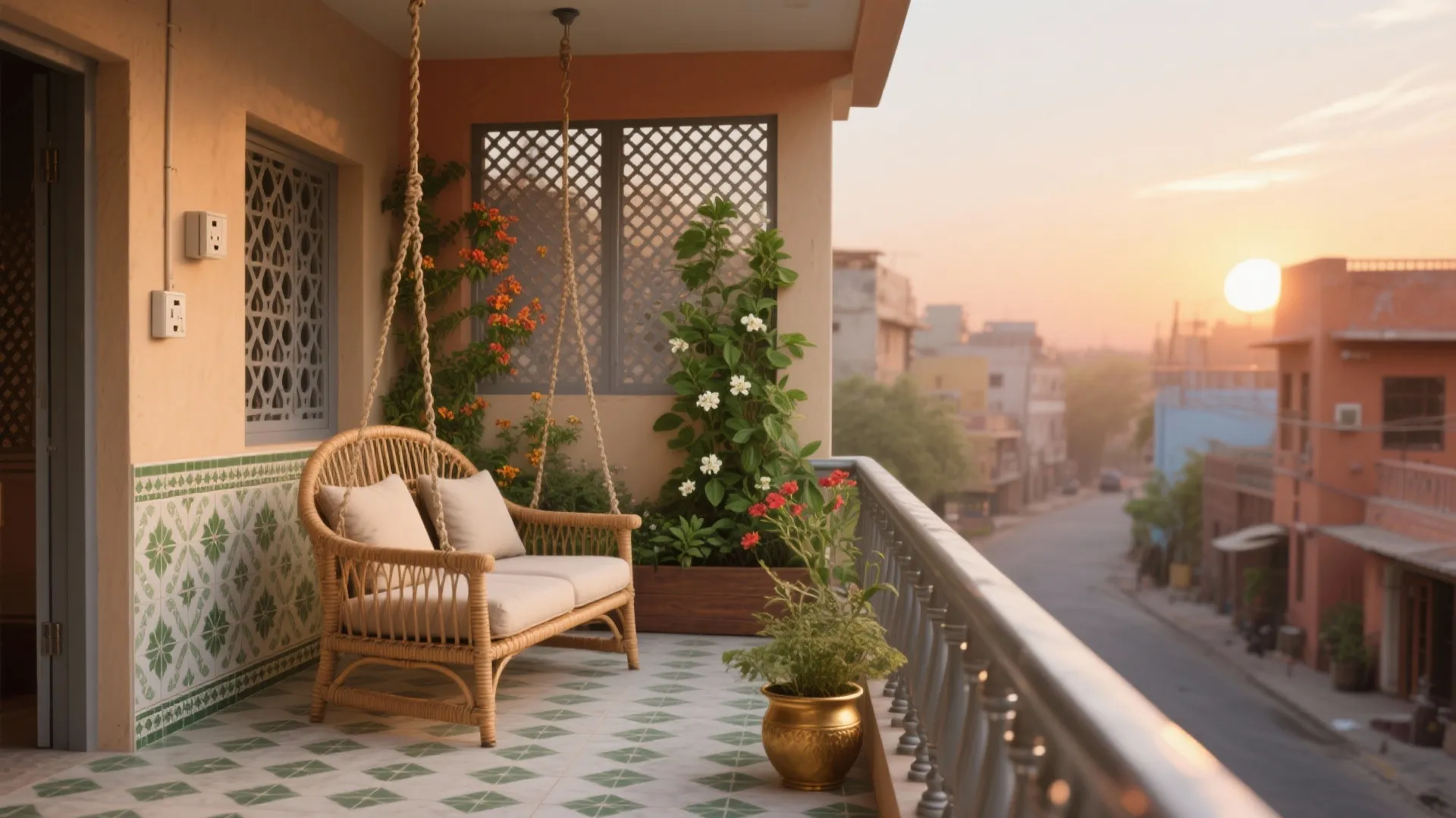 Indian balcony with a wooden swing chair green tiled walls potted plants and sunset city view
