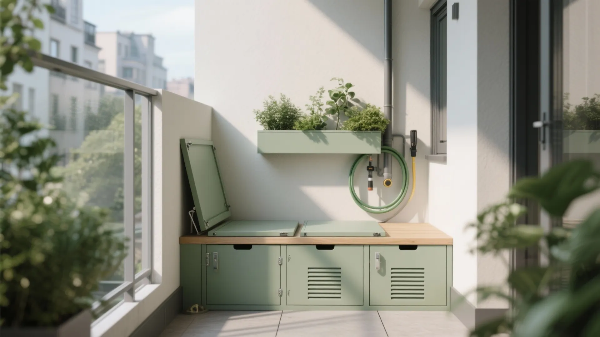 Minimalist balcony storage that hides clutter