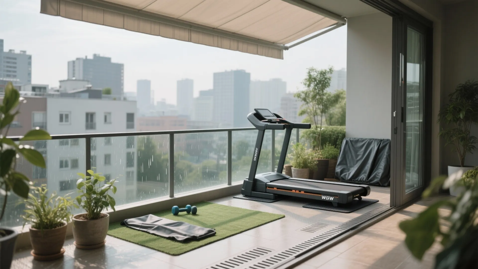 Modern balcony home gym with treadmill blue dumbbells green mat potted plants and city skyline view