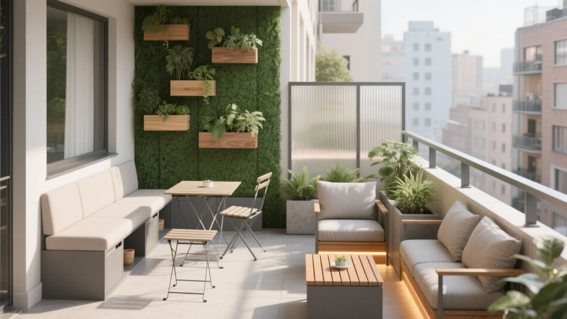 Modern sunny balcony with green plant wall wooden furniture comfortable grey sofa and bright city view