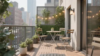 Cozy Balcony Oasis with String Lights & Greenery