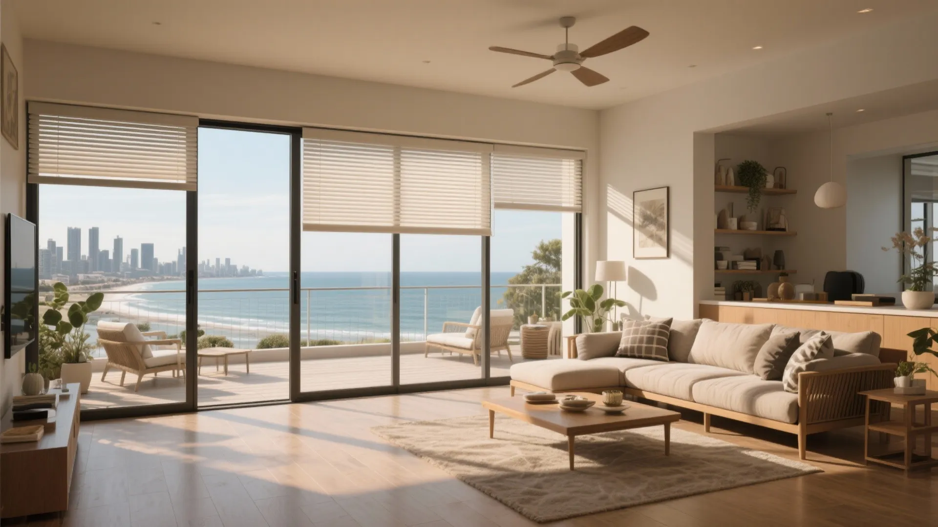 Modern sunny living room with beige sofa wooden coffee table large glass doors and ocean view