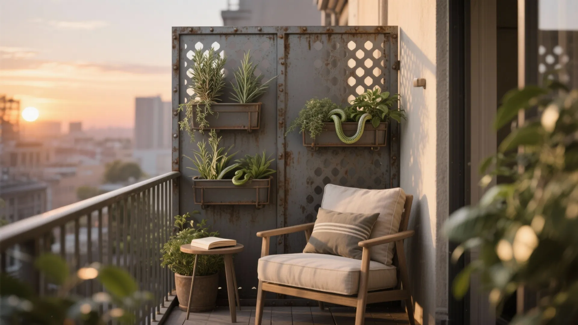 Balcony at sunset with a metal screen wall plants a wood chair and small table