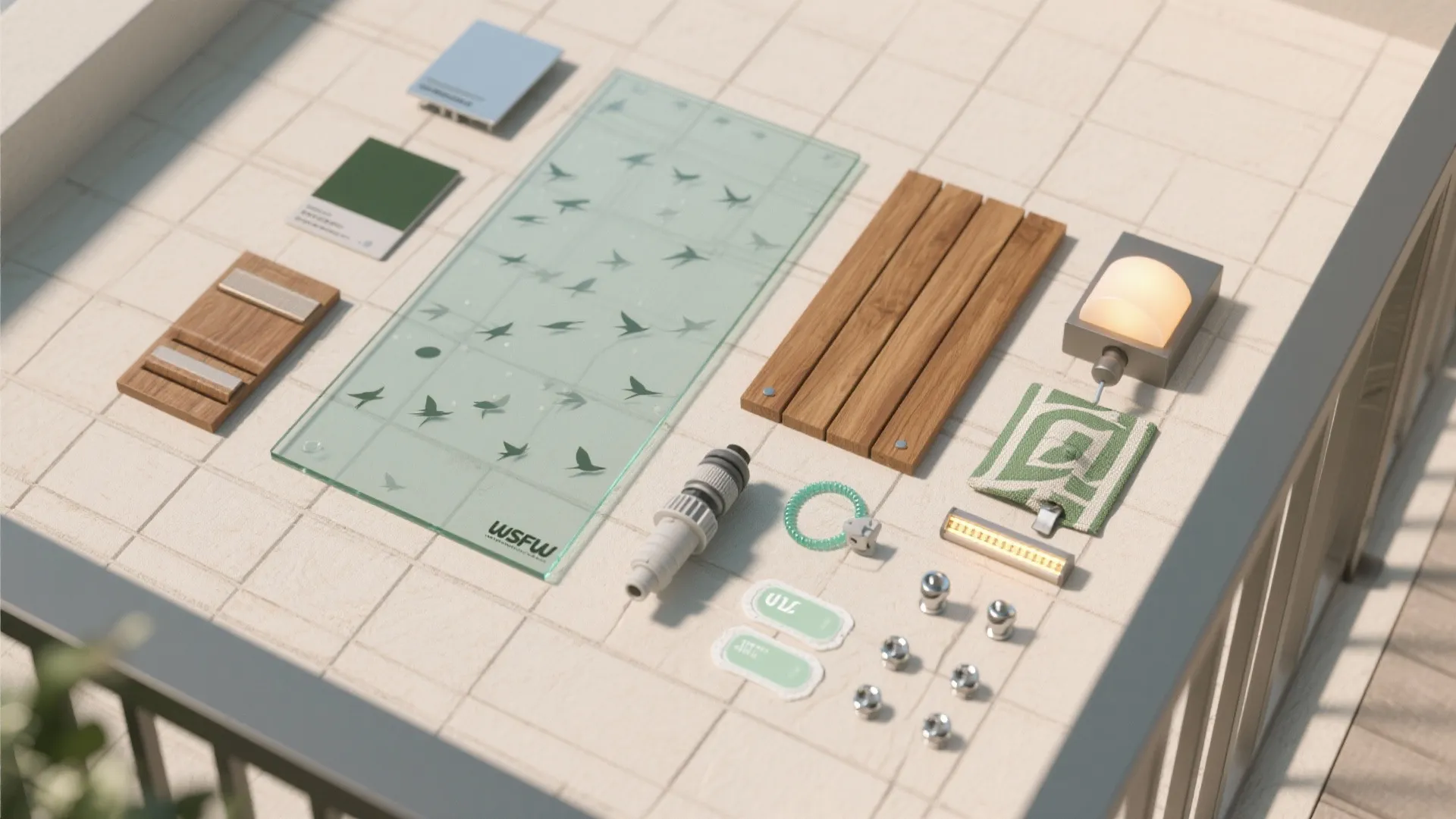 Selection of balcony design materials including wood glass light fixture and green fabric on tiles