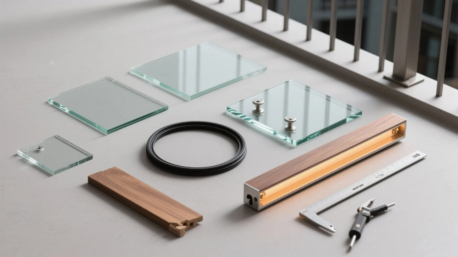 Balcony kit parts including glass panels wood pieces tools and light fixture on grey floor