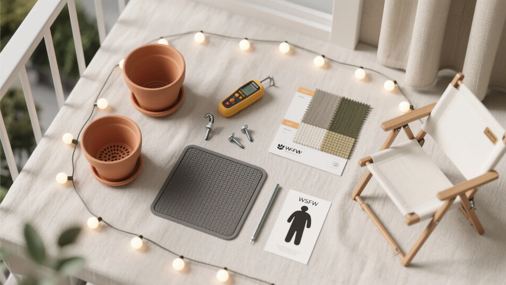 Flat-lay of balcony essentials: LED string lights, fabric swatches, pots with drainage, hooks, screws, moisture meter.