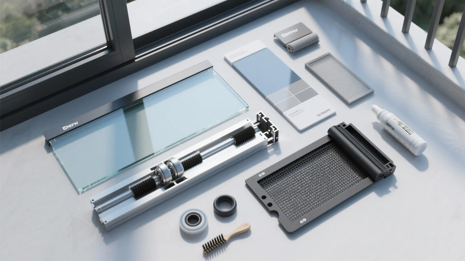 Collection of sliding window parts including glass panels metal tracks rollers and brushes on floor