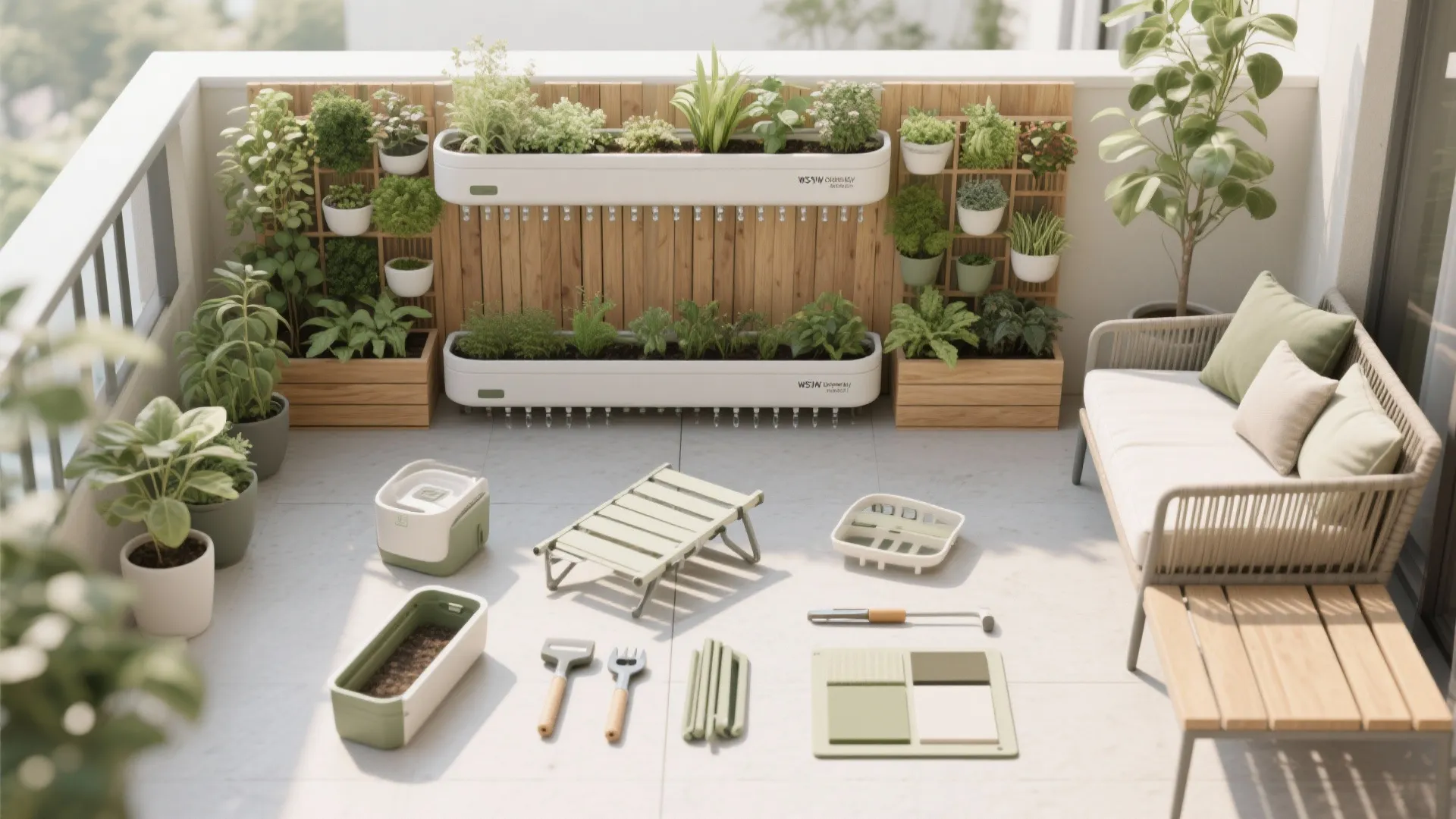 Flatlay of balcony kit components showing planters, bench tools, and cushion swatches.