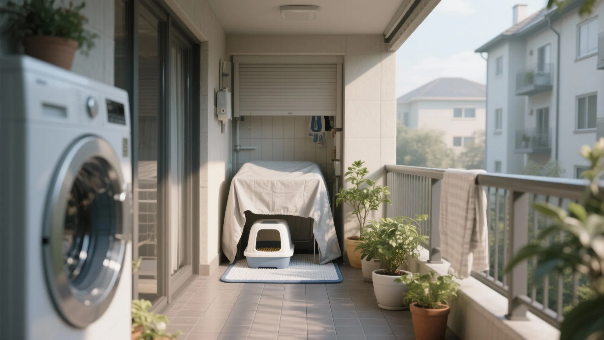 Modern apartment balcony featuring a washing machine plants cat litter box and outdoor storage space