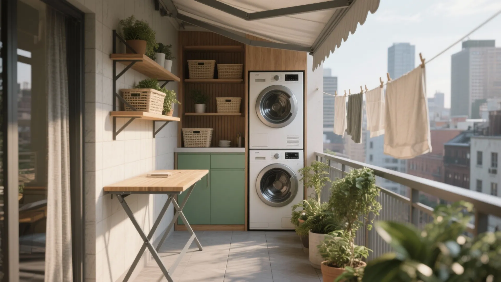 Small balcony laundry room with stacked washing machine wooden shelves plants and city view outside