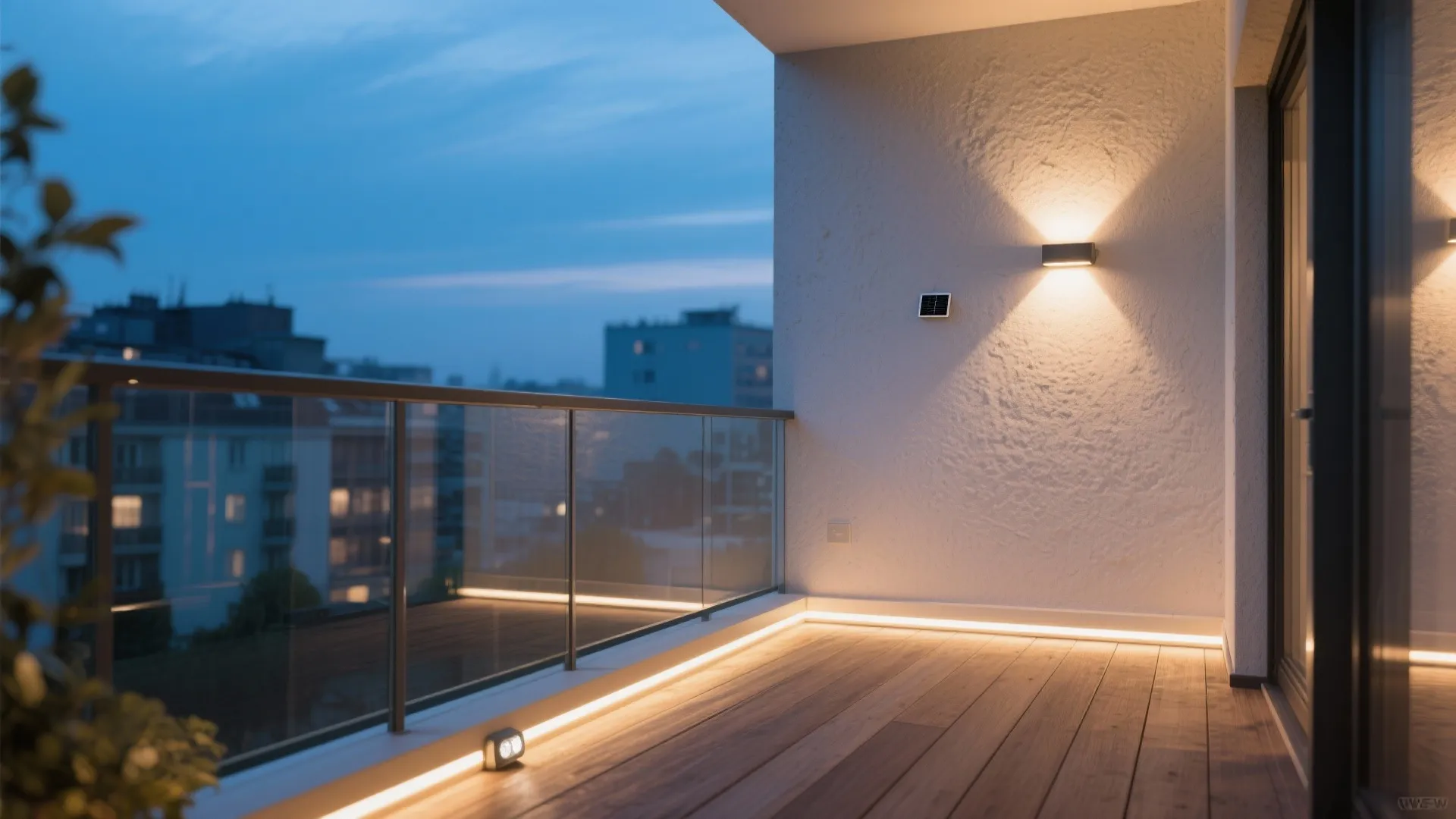Layered balcony lighting with warm LED perimeter strip, motion sensor, and wall uplight.