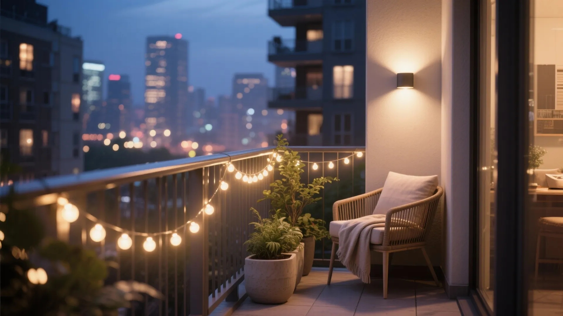 Apartment balcony at dusk with solar rail lights, string lights, and a warm wall sconce.